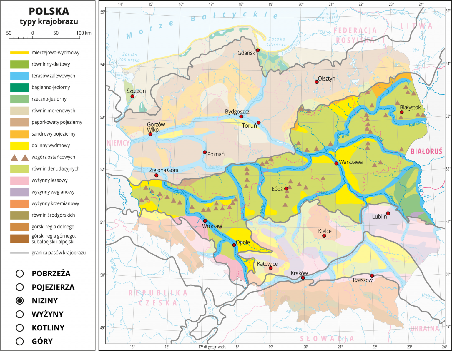 Mapa Polski Niziny Wyżyny Góry Pas nizin | Geografia24.pl
